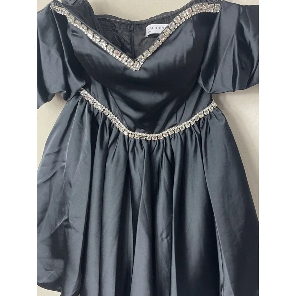 Mac Duggal Black Satin Puff Sleeve Rhinestone Mini Dress Style 20688 FLAWED